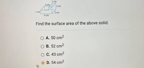 1 cm
3 cm
3 cm
1 cm
3 cm
4 cm
Find the surface area of the above solid.