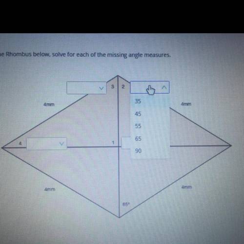 Using the Rhombus below, solve for each of the missing angle measures. (photo included) all options