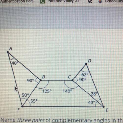 Name 3 pairs of complementary angles in the diagram. Pick 3

options are:
AFB
FAB
BAF
FBC
CEF
CBF