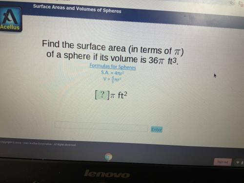 Please find the surface area of a sphere with a volume of 36