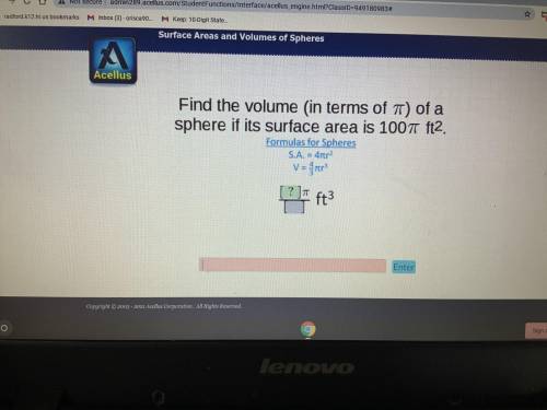 Please find the volume in terms of pi of a sphere with a surface area of 100 ft squared. (Please pr