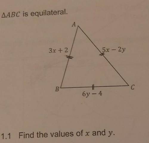 Triangle abc is equilateral, solve for x and y​
