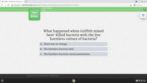 What happened when Griffith mixed heat-killed bacteria with the harmless culture of bacteria?

PLE