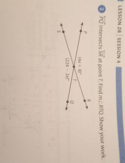 Can someone please help me answer this question? Angle PQ intersects angle SR at point T. Find angl