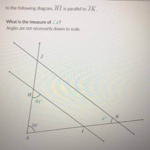 Pls help me! In the following diagram, HI is parallel to JK.

What is the measure of X?
Angles are