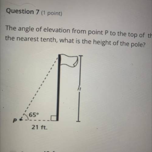 The angle of elevation from point P to the top of the pole is 65°. Point Pis 21 feet from the base