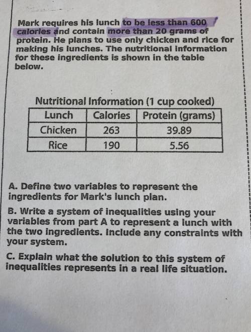 Mark requires his lunch to be less than 600 calories and contain more than 20 grams of protein. He
