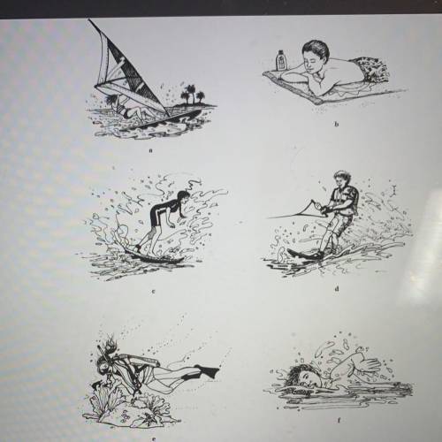 En la playa Match the activity with the illustration.

1. nadar
4. esquiar en el agua
2. bucear
5.
