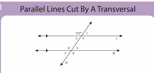 Parallel lines L and M are intersected by line N. Answer the following questions based on the infor
