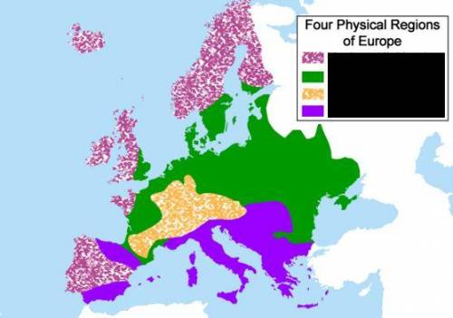 Locate the four physical regions of Europe by matching the region with its corresponding color.

1