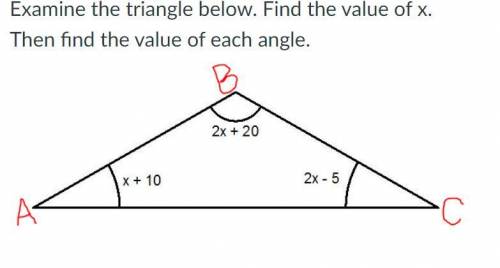 What is the value of x?

What is the measure of angle A?
What is the measure of angle B?
What is t