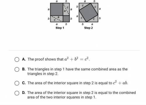These two images show steps in a proof of pythagorean theorem. Which of the following statements ab