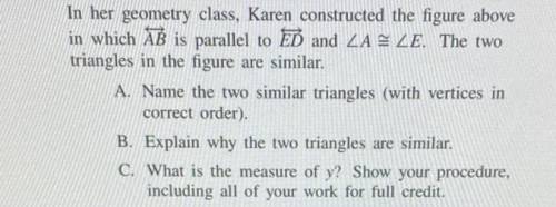 In her geometry class, Karen constructed the figure above in which AB is parallel to ED and angle A