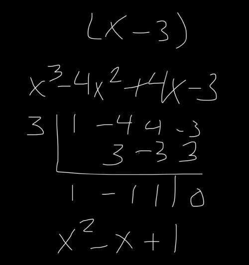 The expression x-3 is a factor of the polynomial P(X)=x^3-4x^2+4x-3. use synthetic division to write