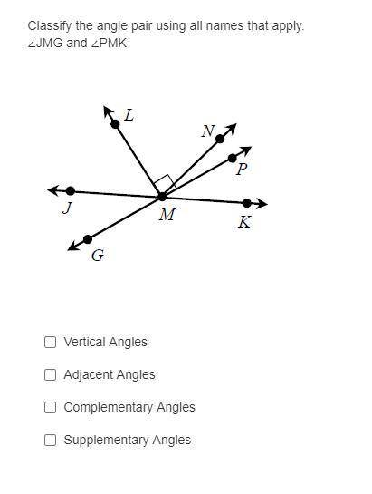 Classify the angle pair using all names that apply.

∠JMG and ∠PMK Which of the following could be