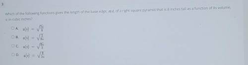 Which of the following functions gives the length of the base edge, aly), of a right square pyramid