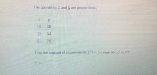 Help pls

The quantities I and y are proportional.
y
12
36
18.
54.
25
75
Find the constant of prop