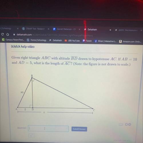 Given right triangle ABC with altitude BD drawn to hypotenuse AC. If AB = 10

and AD = 5, what is