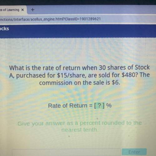 What is the rate of return when 30 shares of Stock

A, purchased for $15/share, are sold for $480?