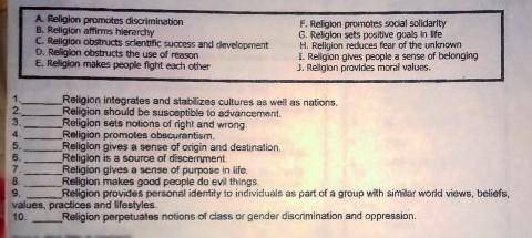 Directions: Identify which effect of religion is referred to in the following sentences. Write the
