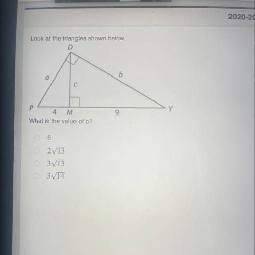 Look at the triangles shown below.

D
a
b
Y
P
4 M
What is the value of b?
9
6
2v13
3/13
O 3,14