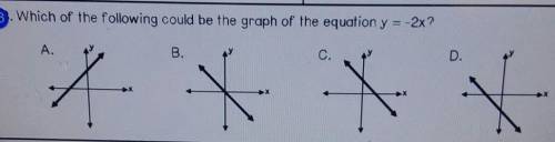 13. Which of the following could be the graph of the equation y = -2x? A. B. C. D. I will give 5 br