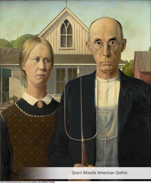 In your journal, write about 3 sentences about the painting American Gothic done by Grant Wood. Wha