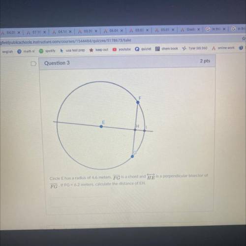 Circle E has a radius of 4.6 meters. FG is a chord and HE is a perpendicular bisector of FG. If FG