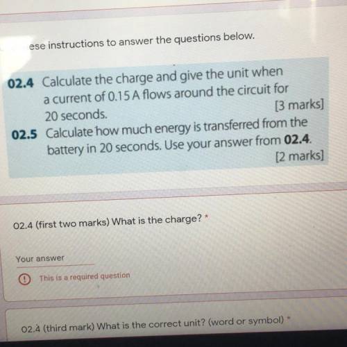 02.4) Calculate the charge and give the unit when

 
a current of 0.15 A flows around the circuit f