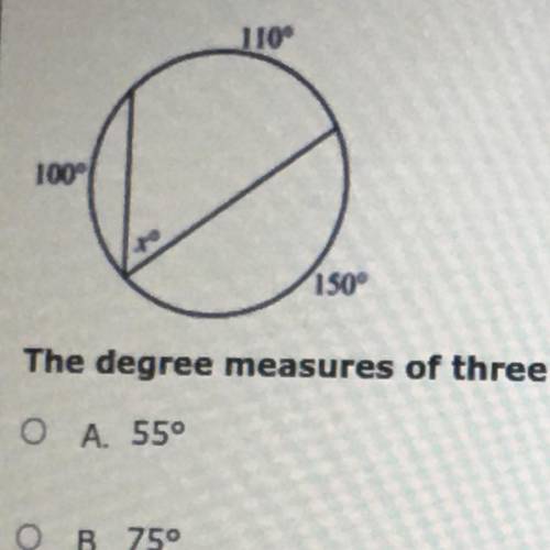 An angle is inscribed in the circle as shown.

The degree measures of three arcs are shown in the