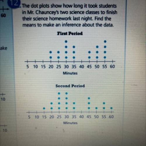 The dot plots show how long it took students in Mr. Chauncey's two science classes to finish their