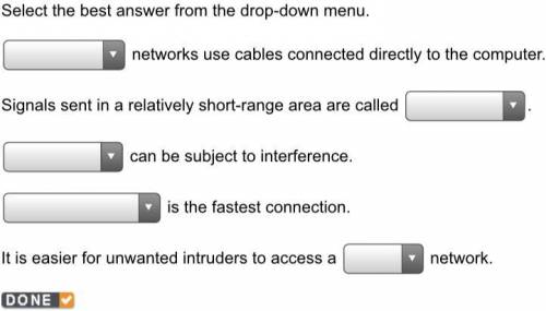Select the best answer from the drop-down menu. ________ networks use cables connected directly to