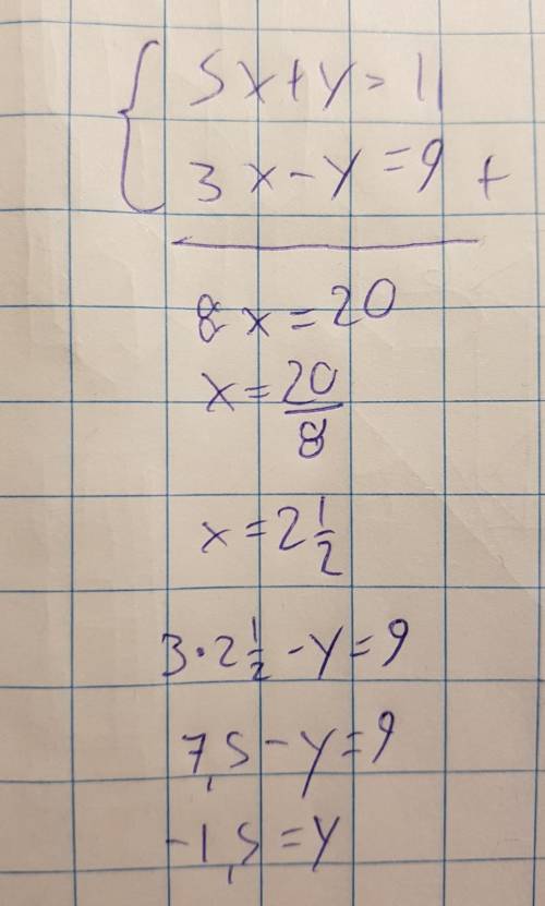 5x + y = 11 
3x - y =9 
What is the value of x and y