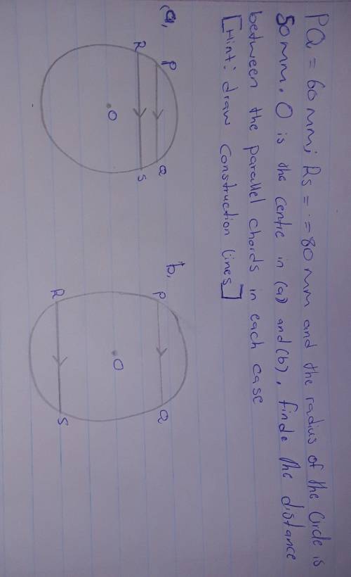 PQ=60 mm, RS=80 mm and the radius of the circle is 50 mm. O is the centre in (a) and (b). Find the