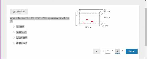 What is the volume of the portion of the aquarium with water in it?

1. 101 cm³
2. 14000 cm³
3. 32