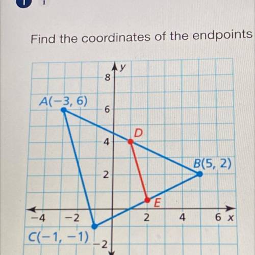 Find the coordinates of the endpoints D and E of midsegment DE. Then compare the lengths of DE and
