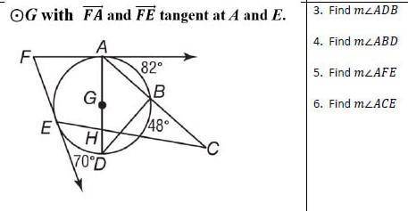 G with FA and FE tangent at A and E.

Find mADB Find mABD Find mAFE Find mACE
PLEASE EXPLAIN HOW Y