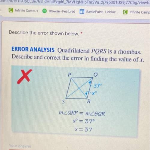 Quadrilateral pqrs is a rhombus. describe and correct the error in finding the value of x