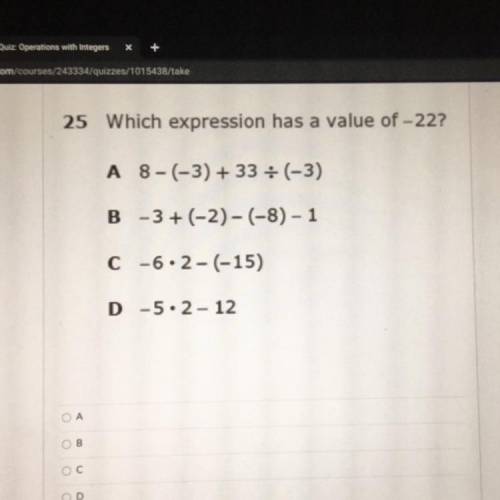 Which expression has a value of -22