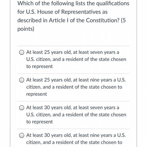 Which of the following lists the qualifications for U.S. House of Representatives as described in A
