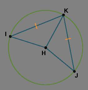 In ⊙H, Arc I K ≅ Arc J K, mArc I K = (11x + 2)°, and mArc J K = (12x – 7)°.

Circle H is shown. Li