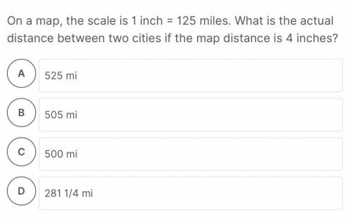 On a map the scale is 1 inch = 125 miles. What is the actual distance between two cities of the map