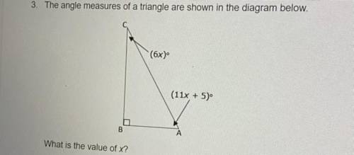 3. The angle measures of a triangle are shown in the diagram below.
What is the value of x?