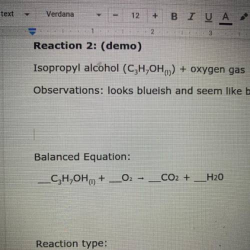 Balanced Equation:
C3H,OH,) + __02 - __CO2 +
H20