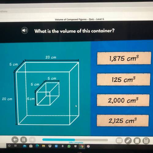 What is the volume of this container?

20 cm
1,875 cm3
5 cm
5 cm
125 cm3
5 cm
20 cm
15 cm
2,000 cm