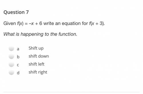 (WILL MARK AS BRAINLIEST IF CORRECT) Given f(x) = –x + 6 write an equation for f(x + 3).

What is