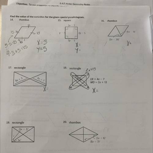 Find the value of the variables for the given special parallelogram