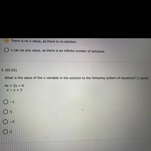 HELP PLS

What is the value of the x variable in the solution to the following system of equations