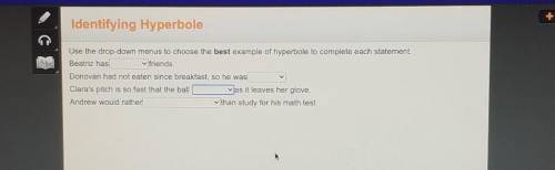 Identifying Hyperbole Use the drop-down menus to choose the best example of hyperbole to complete e