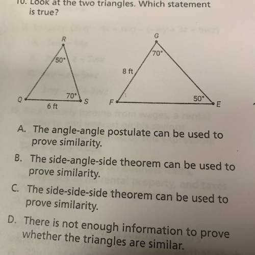 Look at the two triangles. Which statement is true?